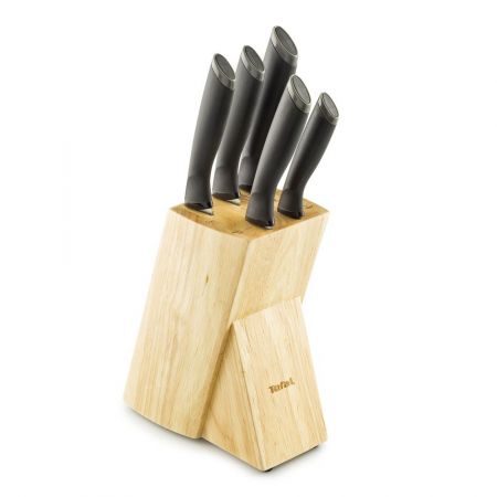 Tefal Comfort Knife Set, Paring 9 cm + Utility 12 cm + Chef 20 cm + Slicing 20 cm, Bread 20 cm with Wooden Storage Block, Stainless Steel