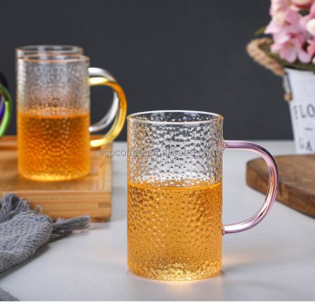 Glass Mug with Pink Handle, 390 ML