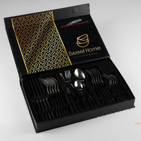 Portuguese Cutlery Set Black Handle, 24 PCS, Stainless Steel 