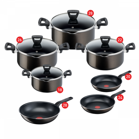 Tefal XL Intense Cooking Set, Stewpots 18,22,26,28 + Frypans 20,24 + Wok 28