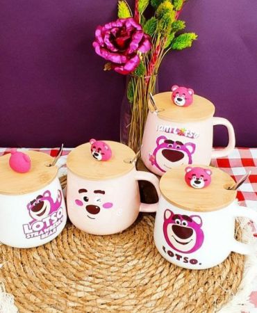 Lotso Mug with Lid  & Spoon - Whitexpink