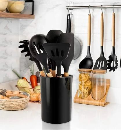 Modern Utensils set, 12 pcs with Stand-Black