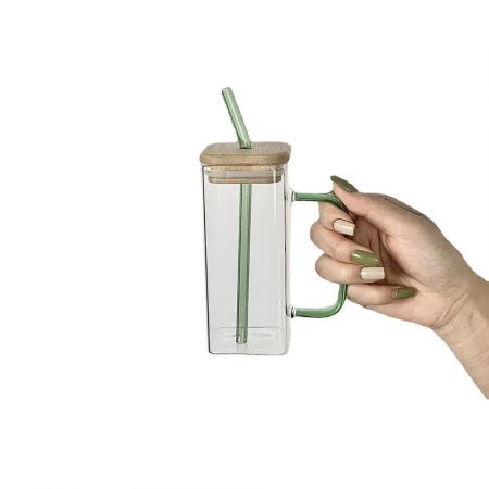 Vertical Glass Mug With a Straw 370ML-Green